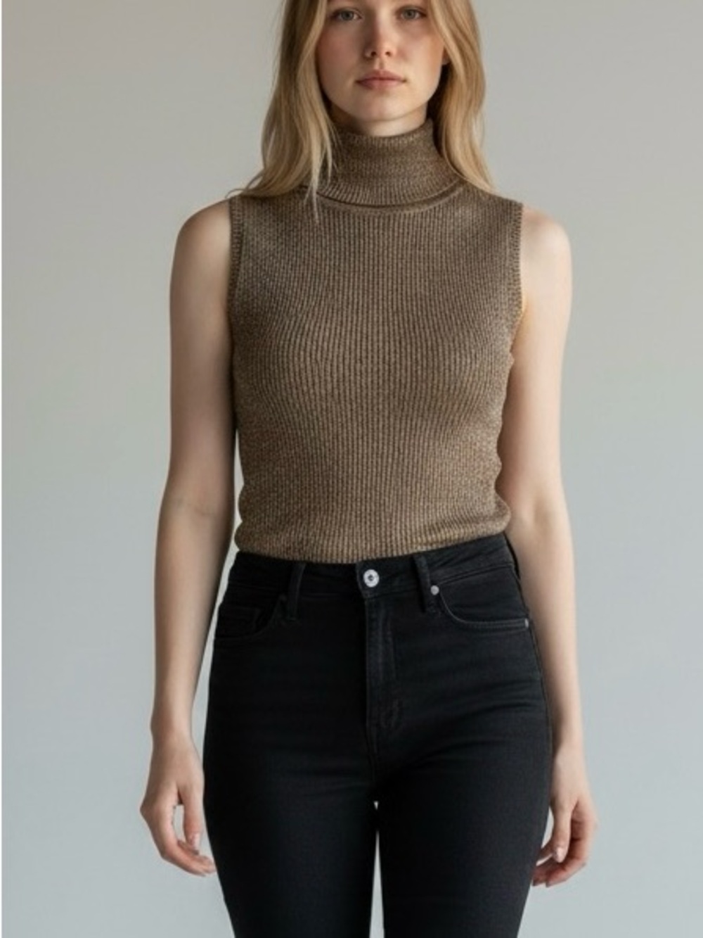 BCBGMaxAzria Shimmer Taupe Ribbed Sleeveless Turtleneck